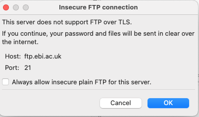 FileZilla Warning dialog